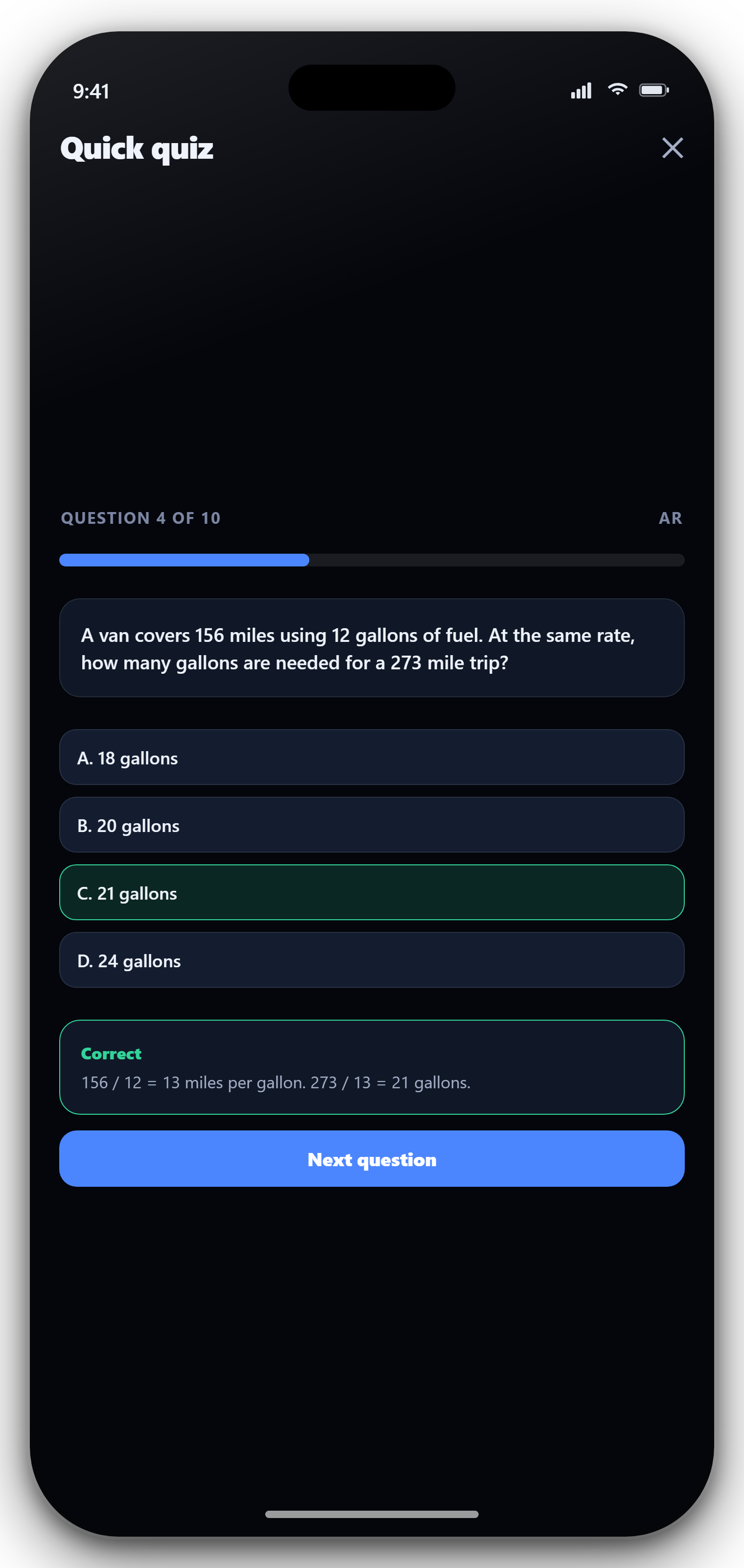 Points to Stripes app quiz screen showing an original ASVAB practice question